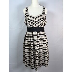 Motherhood Maternity Fit & Flare Dress Womens M Tan Black Striped Coastal Casual